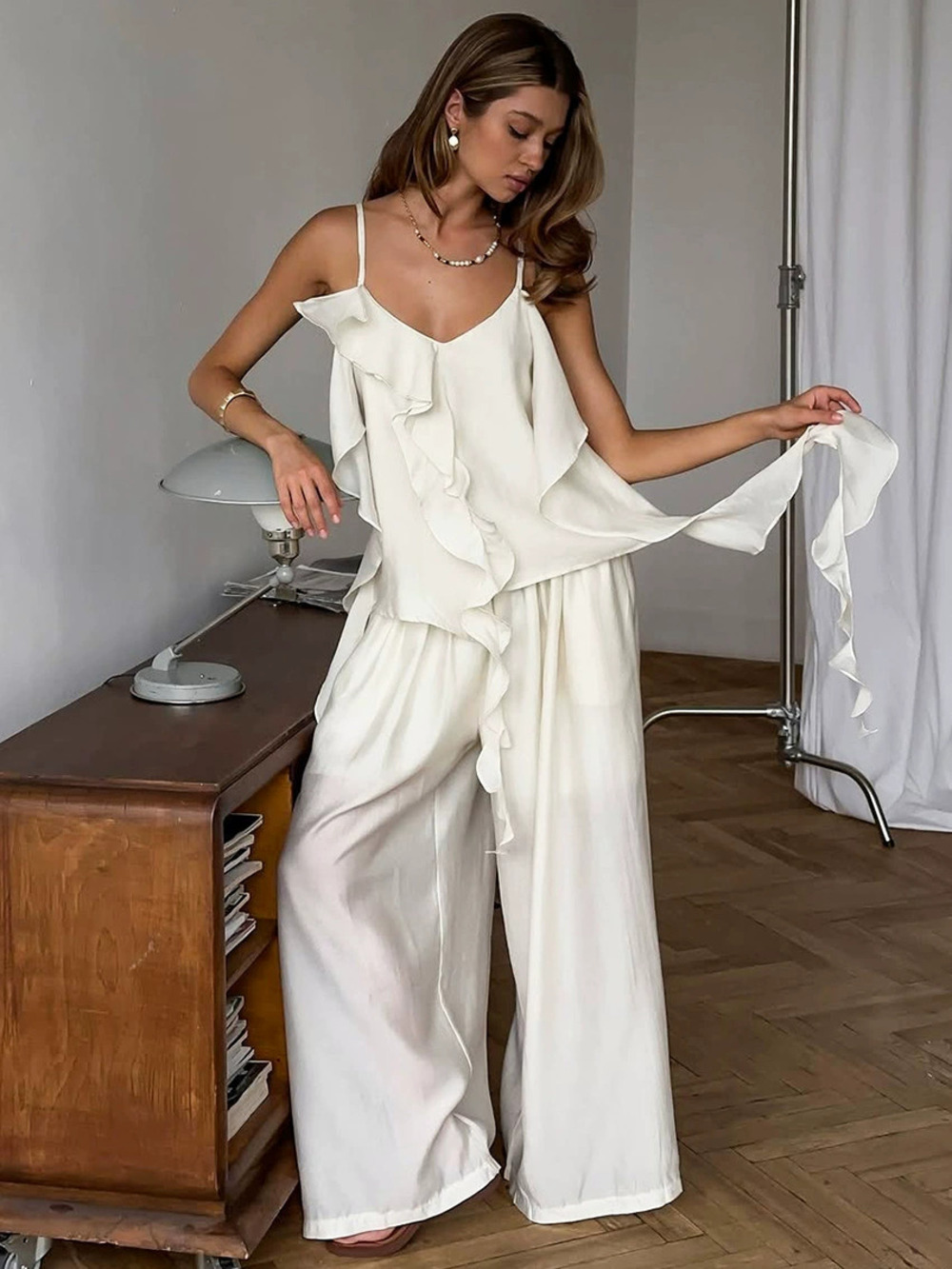 ZARA Spring Summer Ruffle Cami Top Pants Set Elegant Office Women